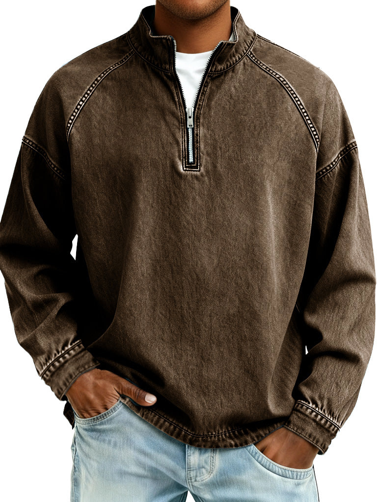 Men's Retro Fashion Distressed Raglan Sleeve Stand Collar Long-Sleeve Top