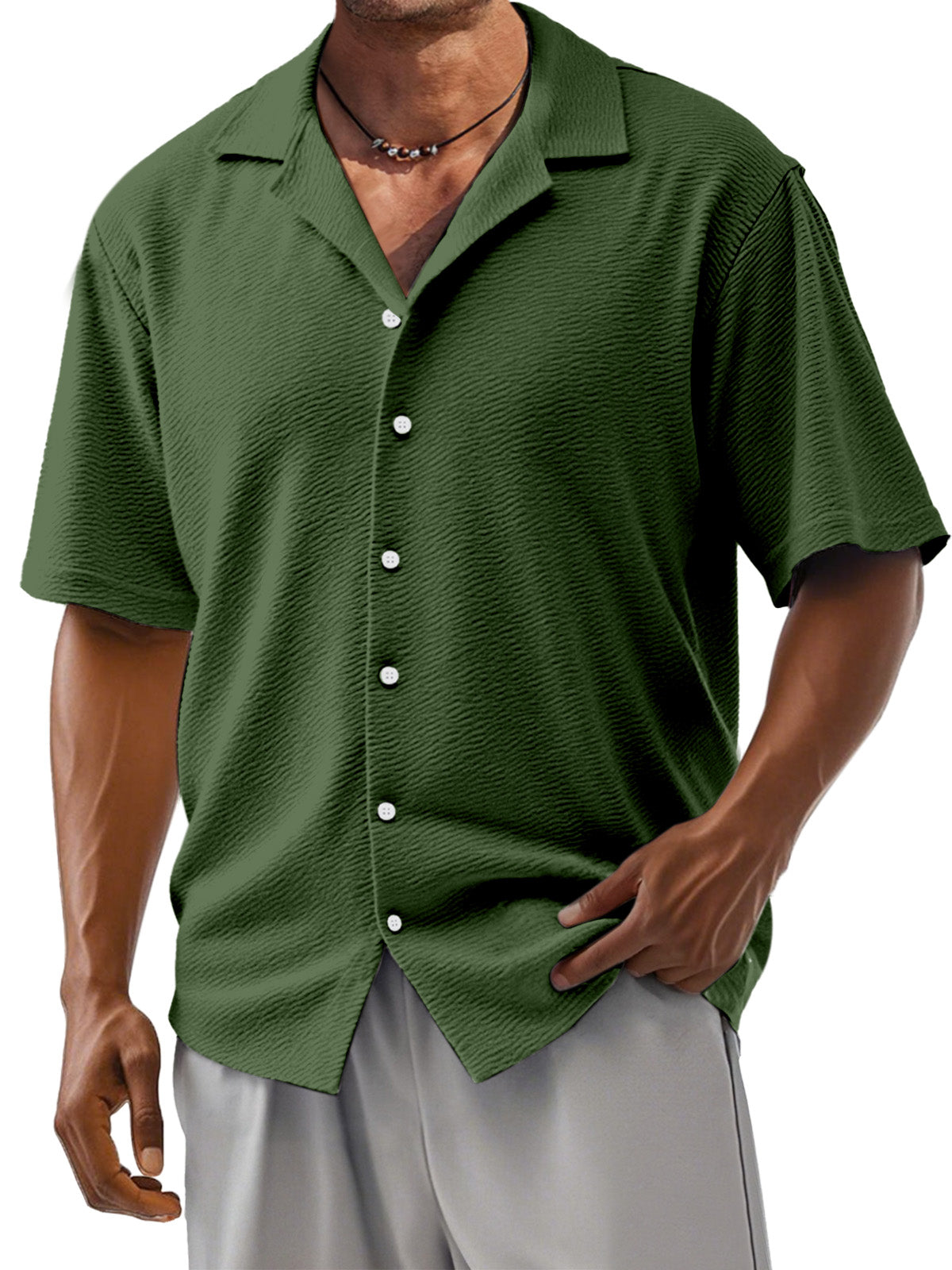 Men's Loose Solid Color Comfortable Texture Short-Sleeved Cuban Collar Shirt