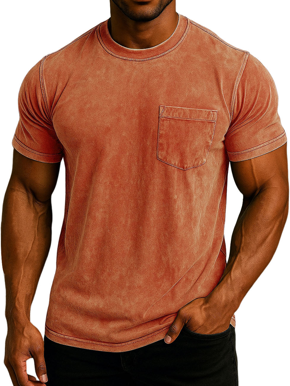 Men's Fashion Washed And Distressed Cotton Retro Pocket Casual T-shirt