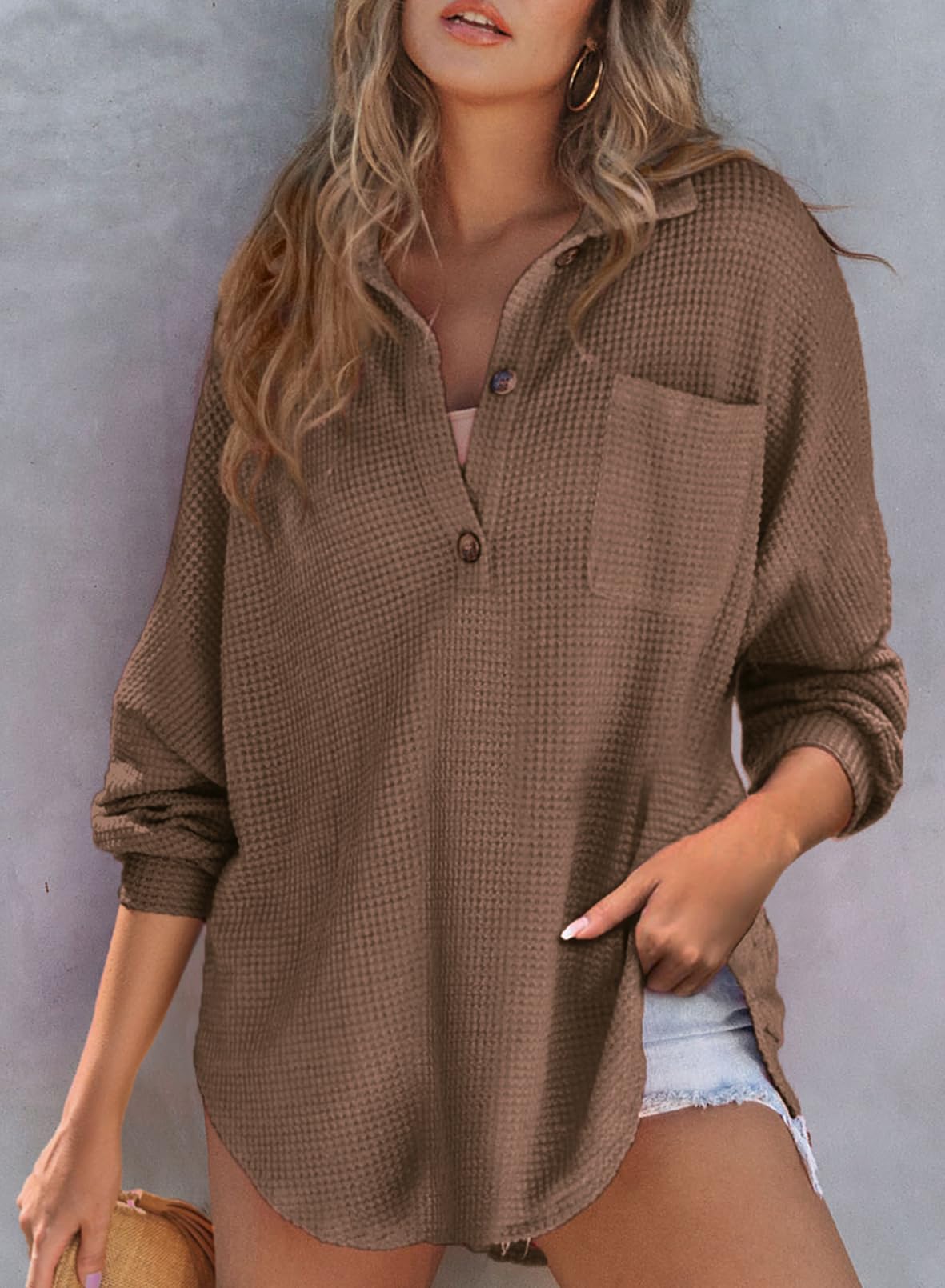 2025 New Women's Waffle Knit Henley V Neck Shirt Jacket (buy 2 free shipping)