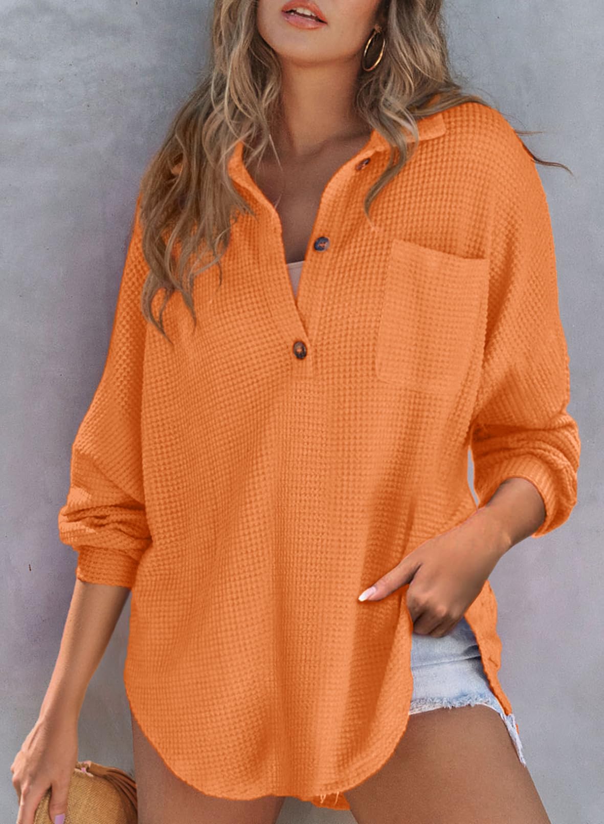 2025 New Women's Waffle Knit Henley V Neck Shirt Jacket (buy 2 free shipping)