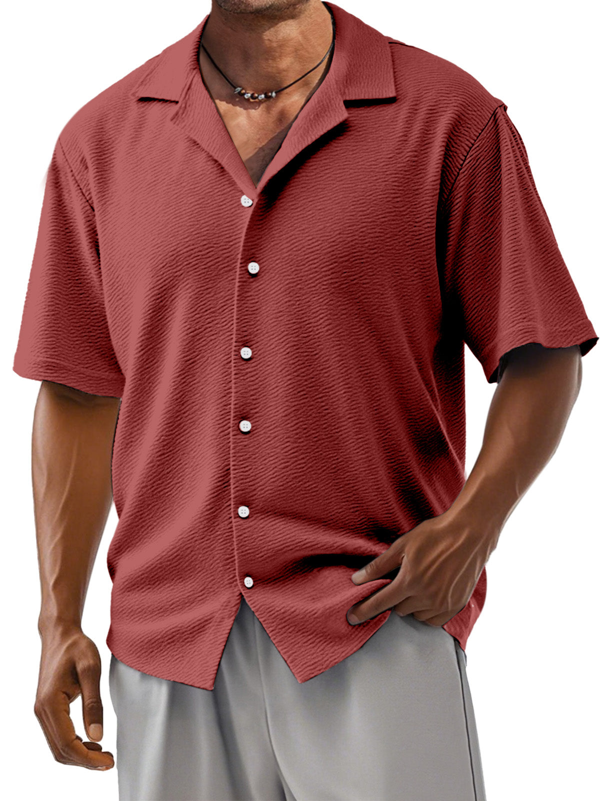 Men's Loose Solid Color Comfortable Texture Short-Sleeved Cuban Collar Shirt